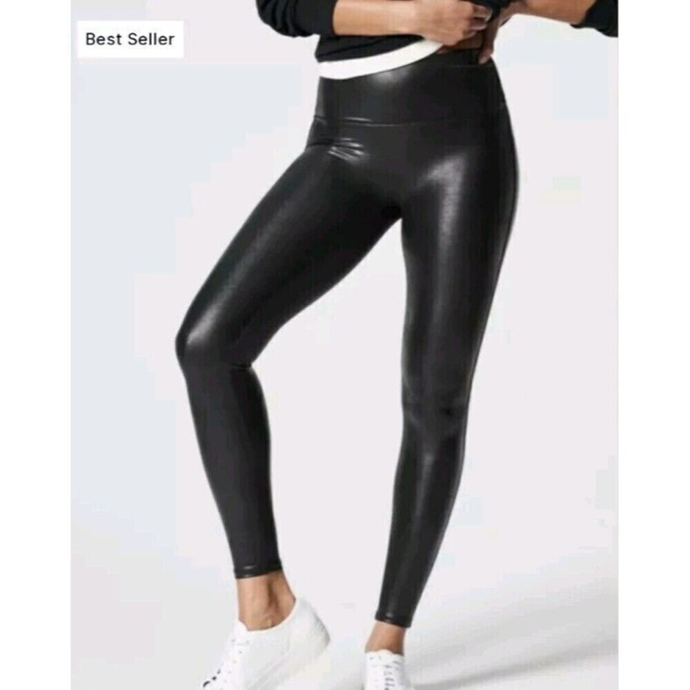 SPANX Red Hot Label Faux‎ Leather Leggings in Black Size Large Shape wear N15